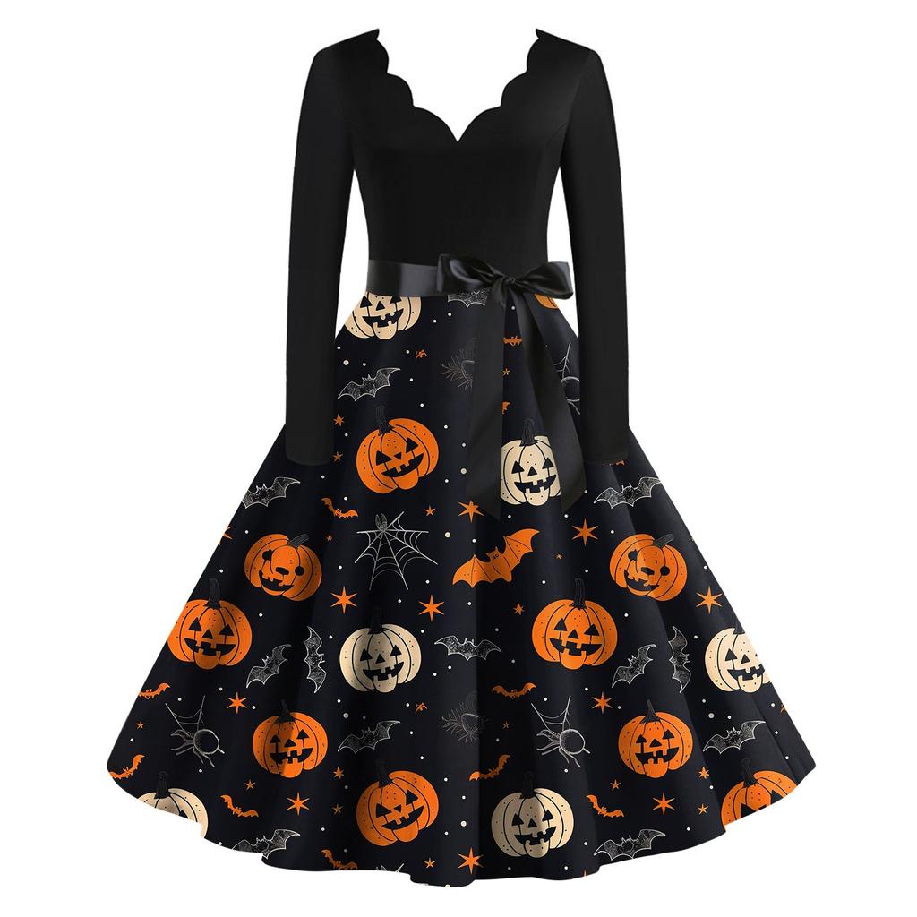 Lässiges Vintage-Kleid mit V-Ausschnitt und Halloween-Print für Damen