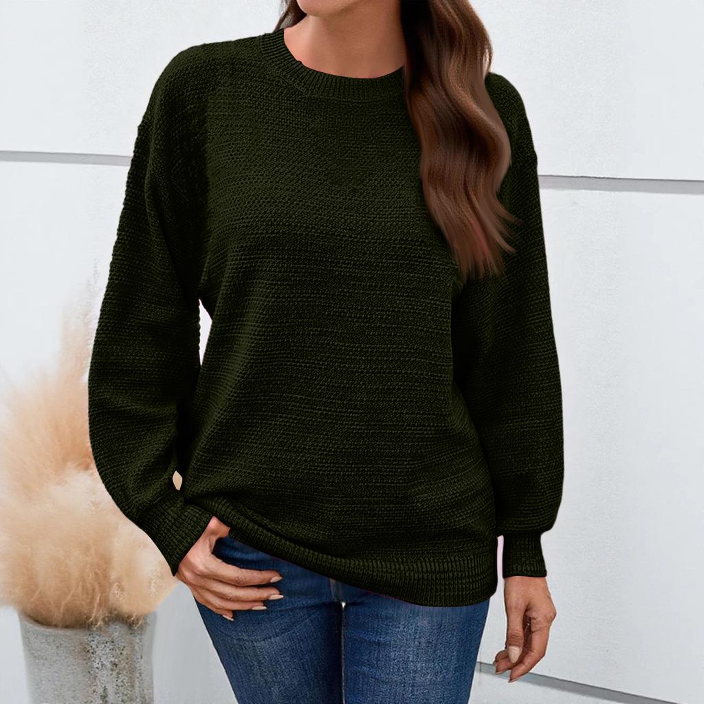 Women's Fashion Round Neck Pullover Sweater Casual Versatile Solid Color Knit Top