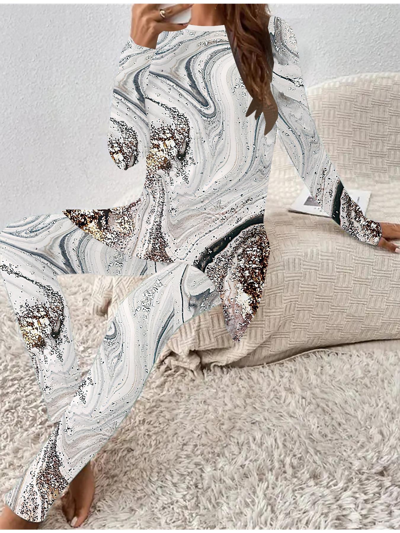 

Євро-американська мода 3D мармуровий принт Жіночий чотирисезонний комплект з двох предметів: футболка з довгим рукавом + довгі штани. Ідеальний подарунок на Новий рік 5XL білий