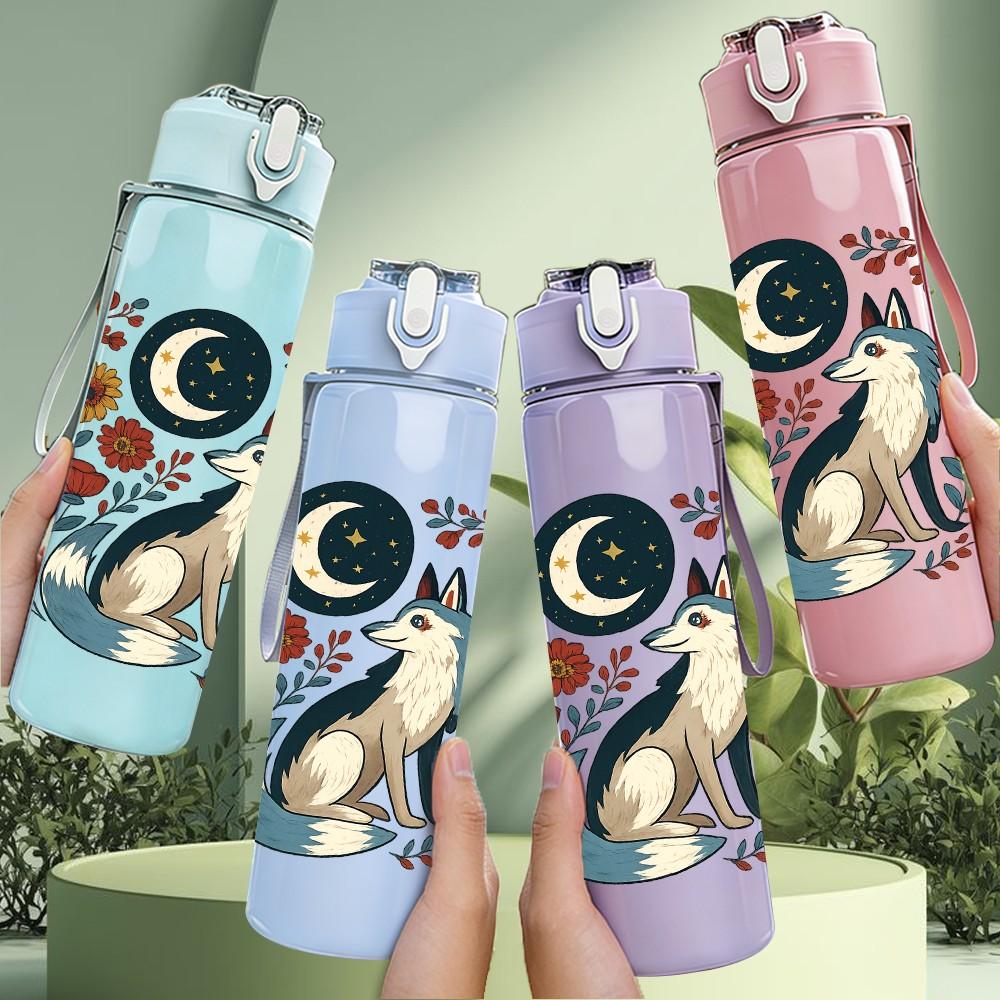 1PC Moon Floral Wolf Art 750ml Color Plastic Sports Water Bottle Leakproof Flip Straw Lid Suitable for Sports Office Home Use
