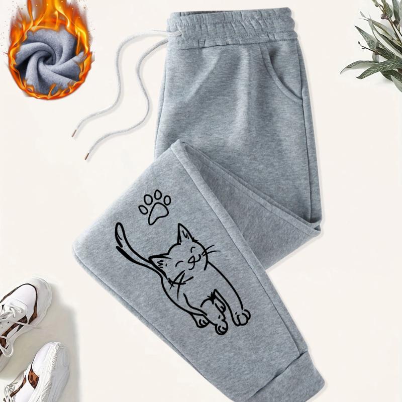 Cute Cat And Paw Print Prints Sweatpants Women Basics Jogger Pants Comfortable Fleece Loose Trousers Autumn Winter Woman Clothes