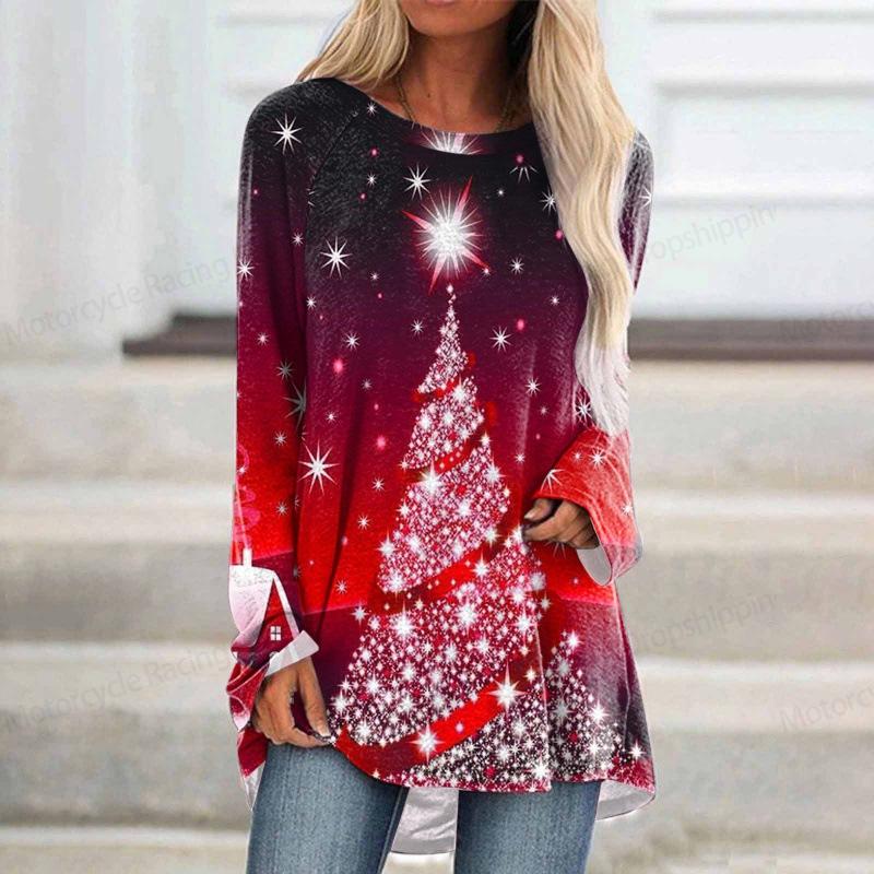

Футболка с длинными рукавами с принтом рождественской елки 3D для женщин, модные рождественские футболки, топ с длинными рукавами и круглым вырезом 5XL