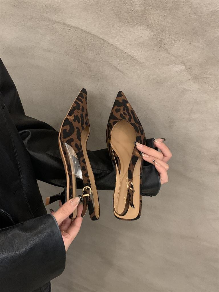 Coarse heel bag head sandals women's shoes summer 2025 new niche with skirt leopard print pointed empty high heel single shoes