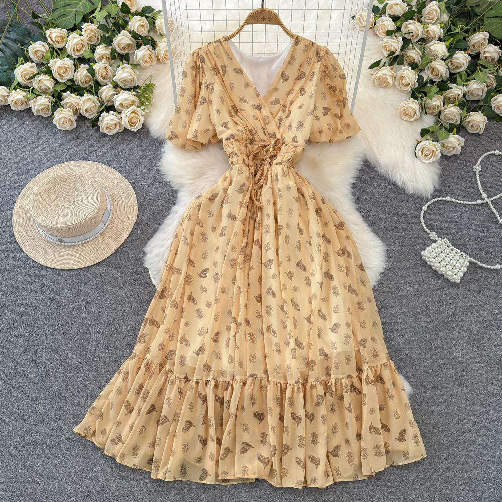 Fashion Dress for Women V Neck A-line Flounced Edge Printing Chiffon Vestidos Lace-up Folds Lining Dresses Summer