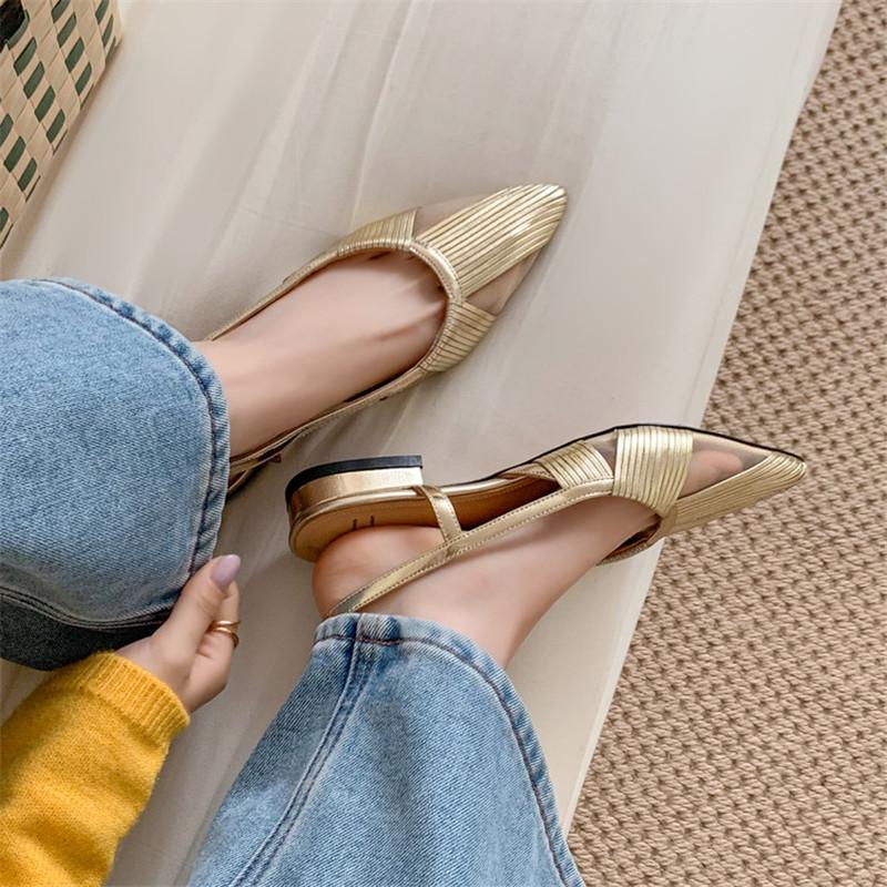 Fashion New Summer Sandals Split Leather Pointed Toe Sandals for Women Low Heels Fashion Mesh Sandals Ladies Shoes Women Golden Silvery