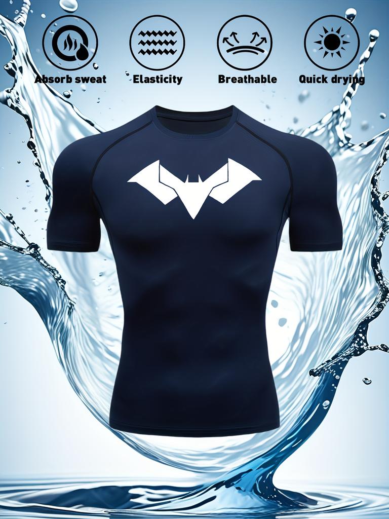 Mens White Compression Short Sleeve T-Shirt Black Bat Logo Graphic Absorb Sweat Quick Dry Breathable High Elasticity Gym And Running Athletic Top