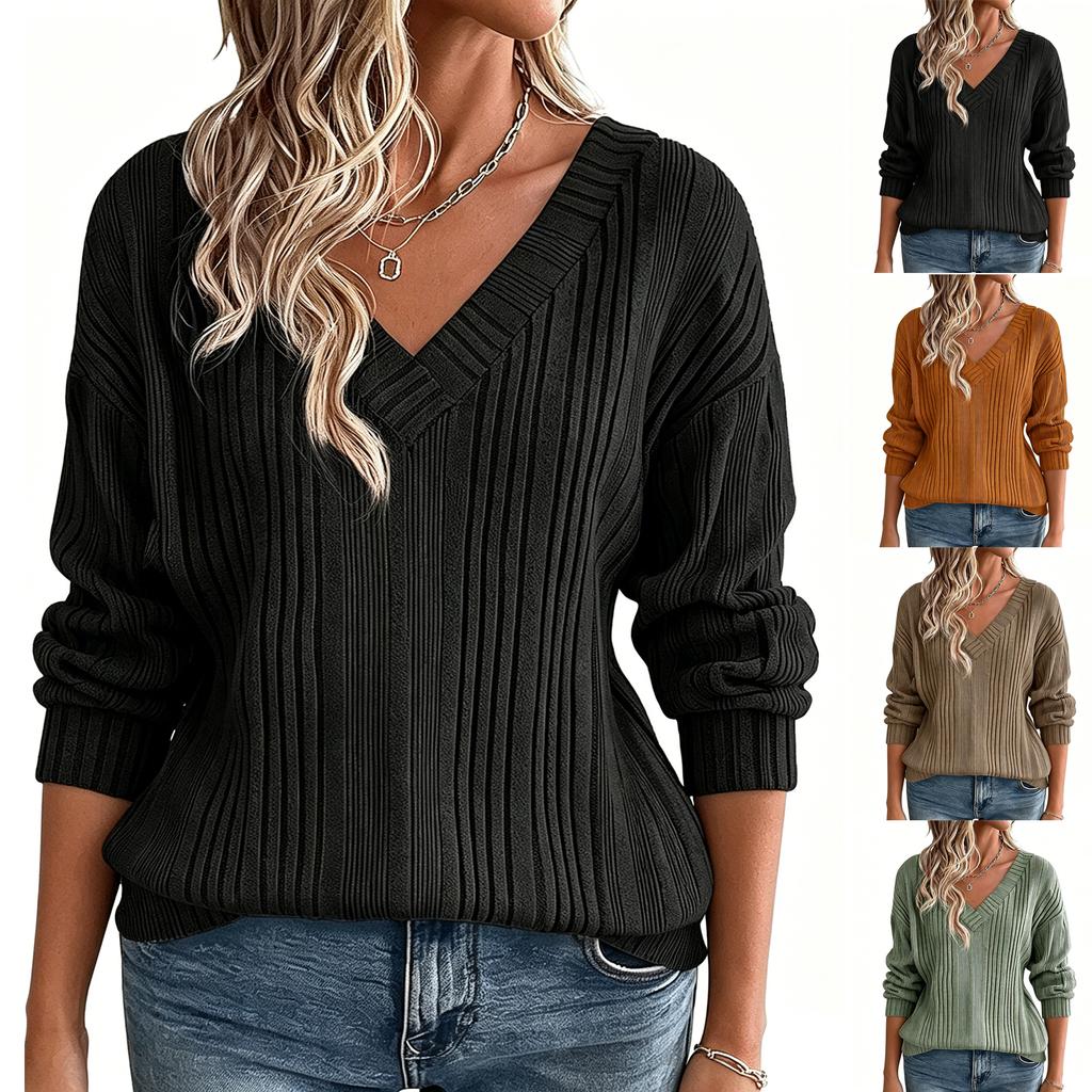 Women's Casual V Neck Long Sleeve Knit Pullover Top