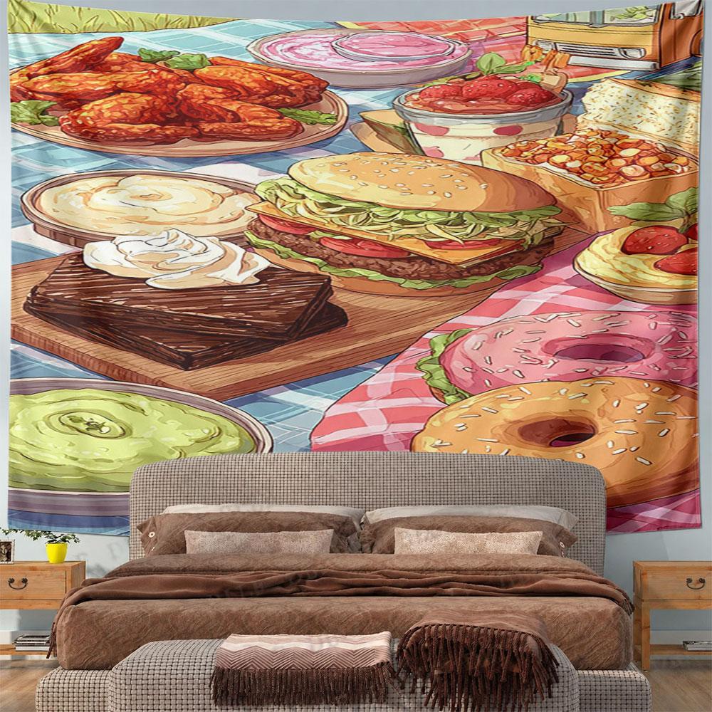 "Colorful Picnic Food Illustration" Pattern Wall Hanging Tapestry Decorative Tapestry Home Decor for Bedroom and Living Room
