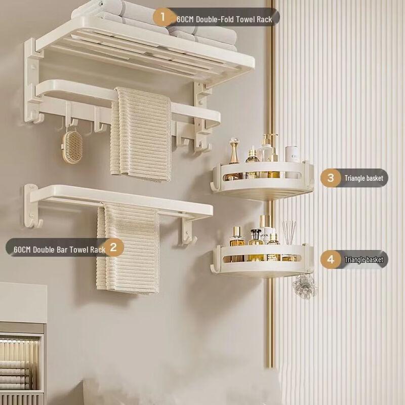 Handun Cream White Foldable Towel Rack and Shelf Set