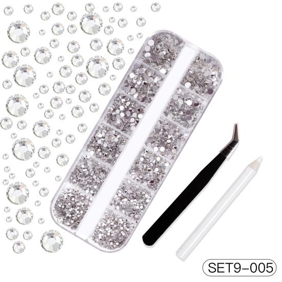 1 Set 12 Grids Nail Art Rhinestone Kit with Storage Box Drill Pen Tweezers Glass Flatback Rhinestone DIY Nail Design Crafting Decoration Fake Gems