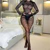 Plus Size Large Women's Fishnet Bodysuit Mesh Bodystocking One Piece Jumpsuit Fishnet Lingerie Rave Outfits(Black)