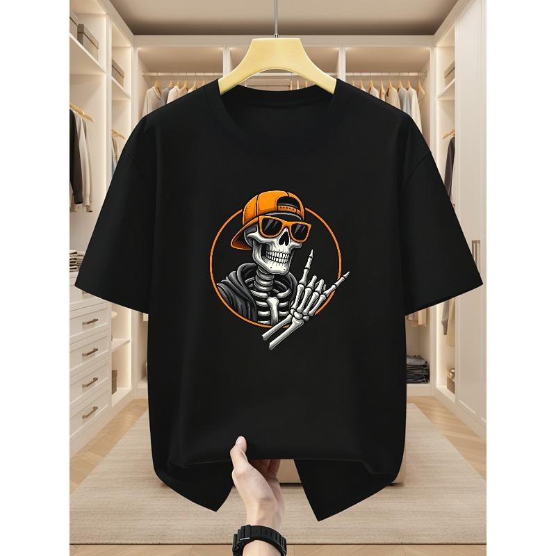 Plus Size Men'S T-Shirts Trendy Skull Print Round Neck Short Sleeve Tee Individual Skull Gesture Hip-Hop Style Comfortable Casual In Summer