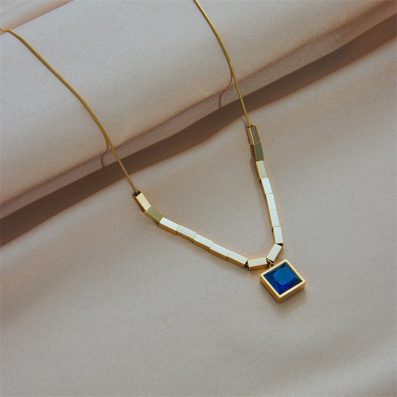 Gold Plated Square Blue Gem Pendant Necklace, Stainless Steel Cube Chain Choker, Waterproof Elegant Jewelry for Women Gift