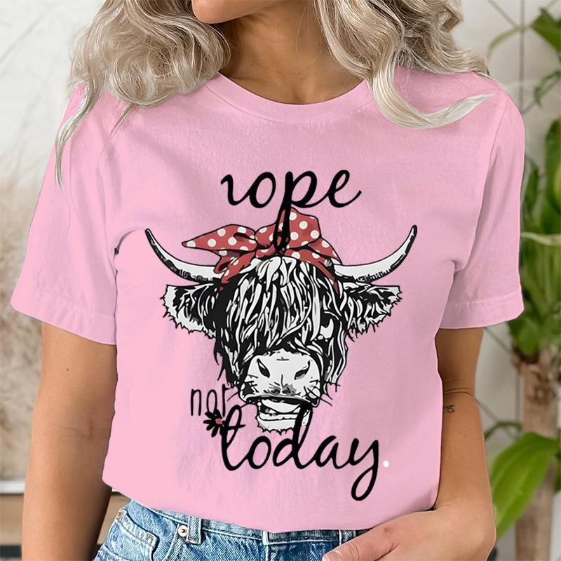 Women Funny T Shirts Cute Hairy Scottish Highland Cow TShirt Round Neck Casual Tops Women Cow Head  Letter Print Short Tshirt