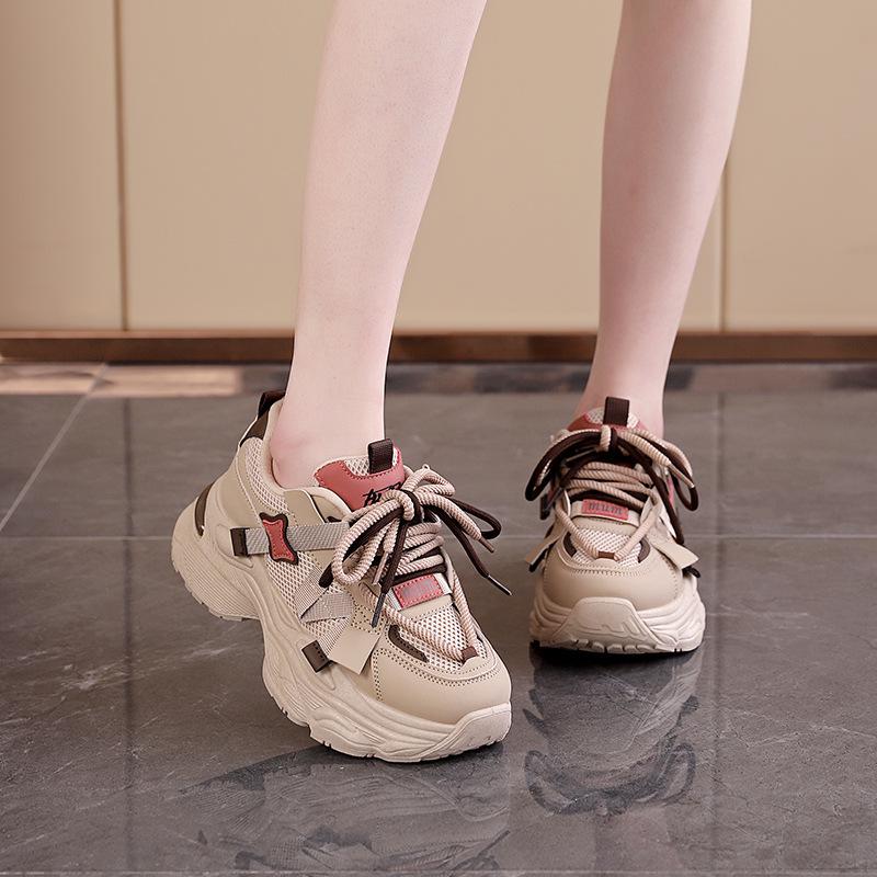 Spring thick-soled heightening dad shoes women's niche double straps breathable mesh student sports and leisure