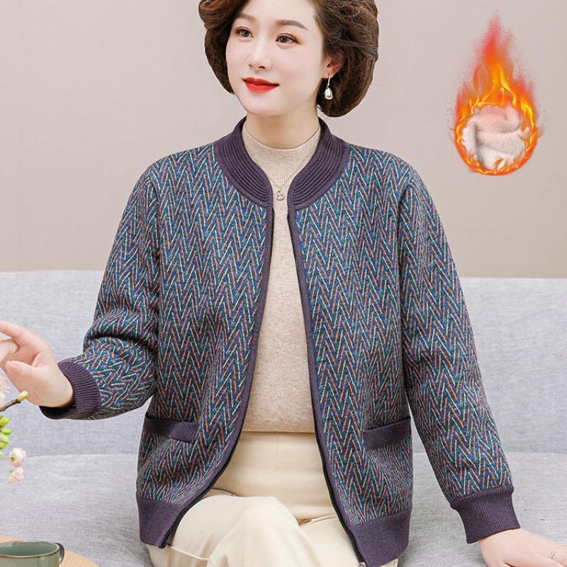Grandma coat autumn clothes new elderly knitted sweater female mother fleece thickened old woman striped top