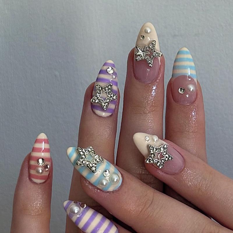 Almond Press-on Nails with Color Stripes & Stars Nail Art Stickers