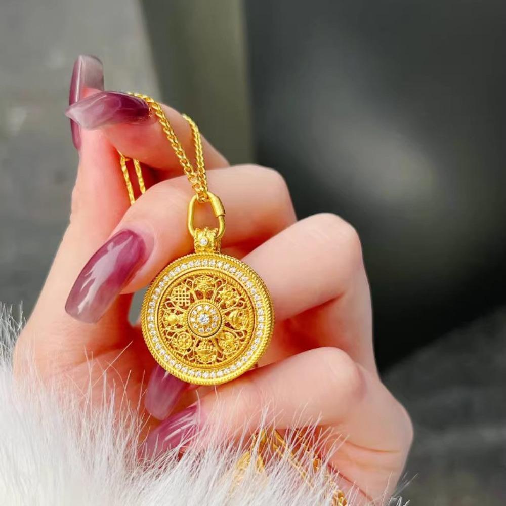 24k Gold Plated Necklace Women Vintage Sand Gold Eight Treasures Compass Pendant Retro Hollow Out Chain