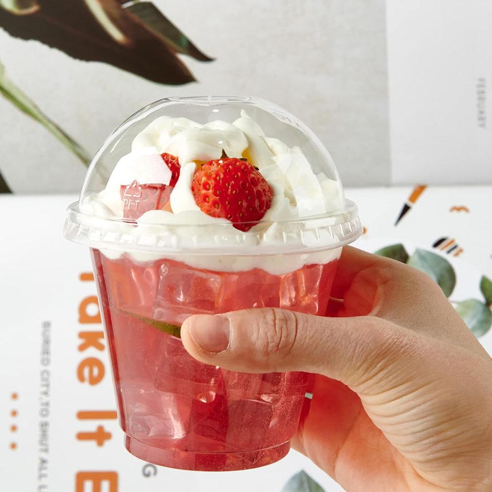 9oz durchsichtige Plastikbecher mit Kuppeldeckeln, Kristall PET Dessertbecher, Kalte Partybecher für Cupcake/Eiscreme/Latte/Kalte Getränke