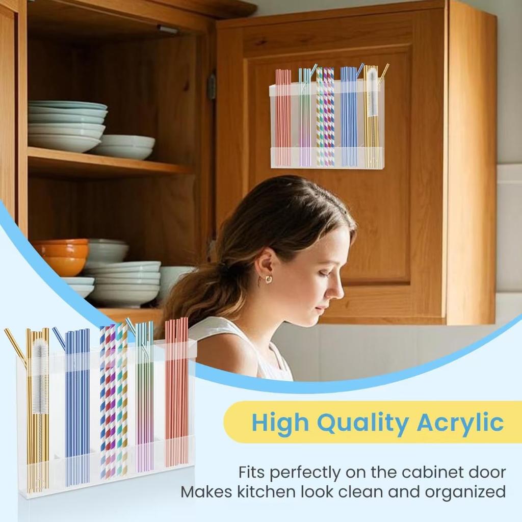 Acrylic Straw Holder for Cabinet, Reusable Straw Organizer with Double Sided Adhesive Tape Tumbler Straws Storage Container for Cupboard Drinking