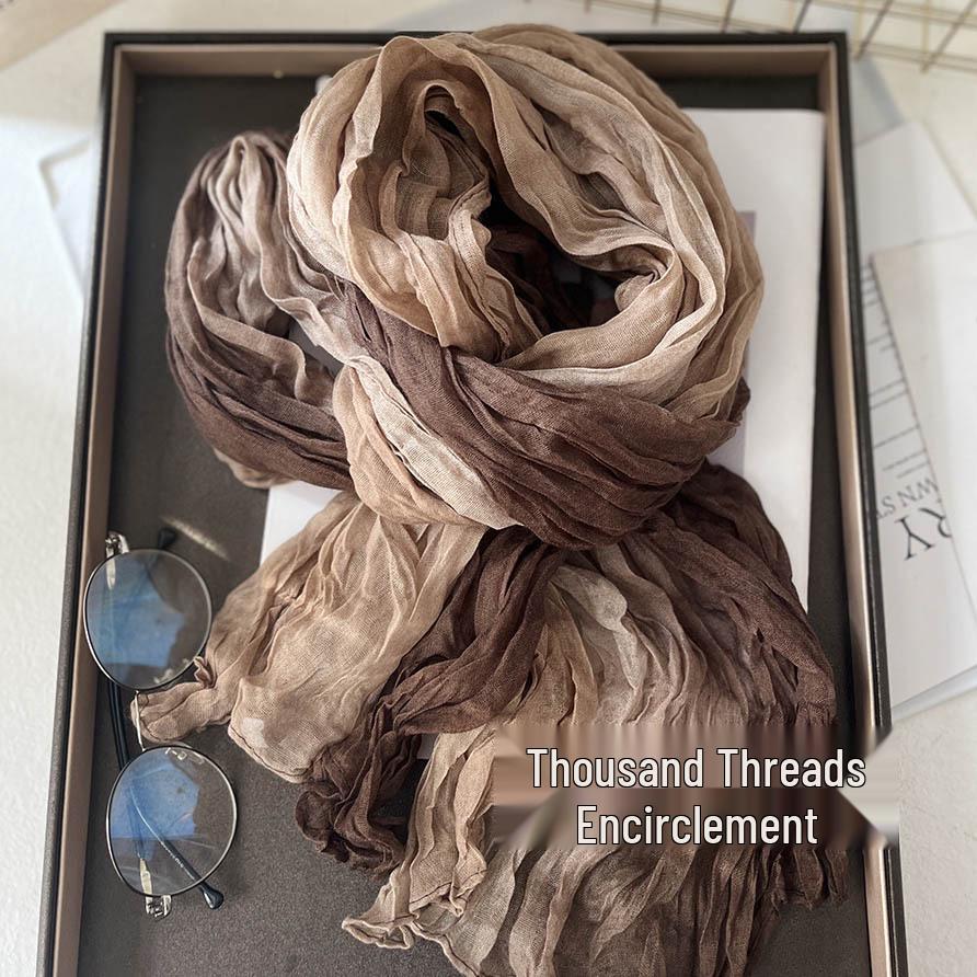 Sciarpa da Donna Blu Sfumato Effetto Cotone e Lino – Retro, Versatile, Lunga Stola Pieghettata per Autunno/Inverno.
