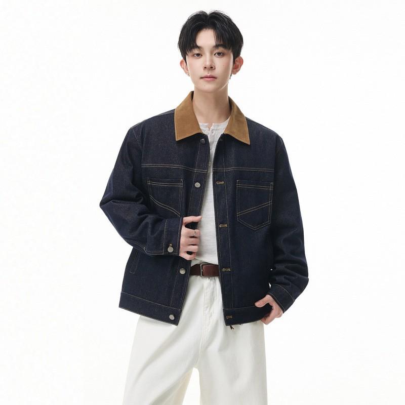 Mens Washed Denim Jacket With Contrast Color Trim Relaxed Fit Workwear Style Fall
