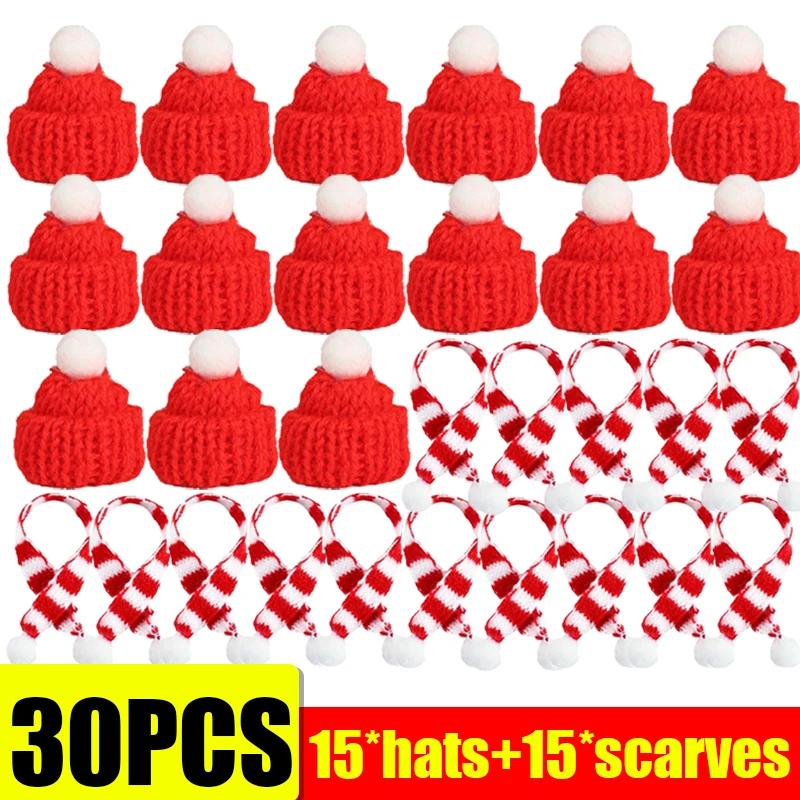 10/50PCS Mini Knitted Santa Hat Scarf Red Christmas Doll Accessories Wine Bottle Cover DIY Craft Xmas Tree Holiday Decoration