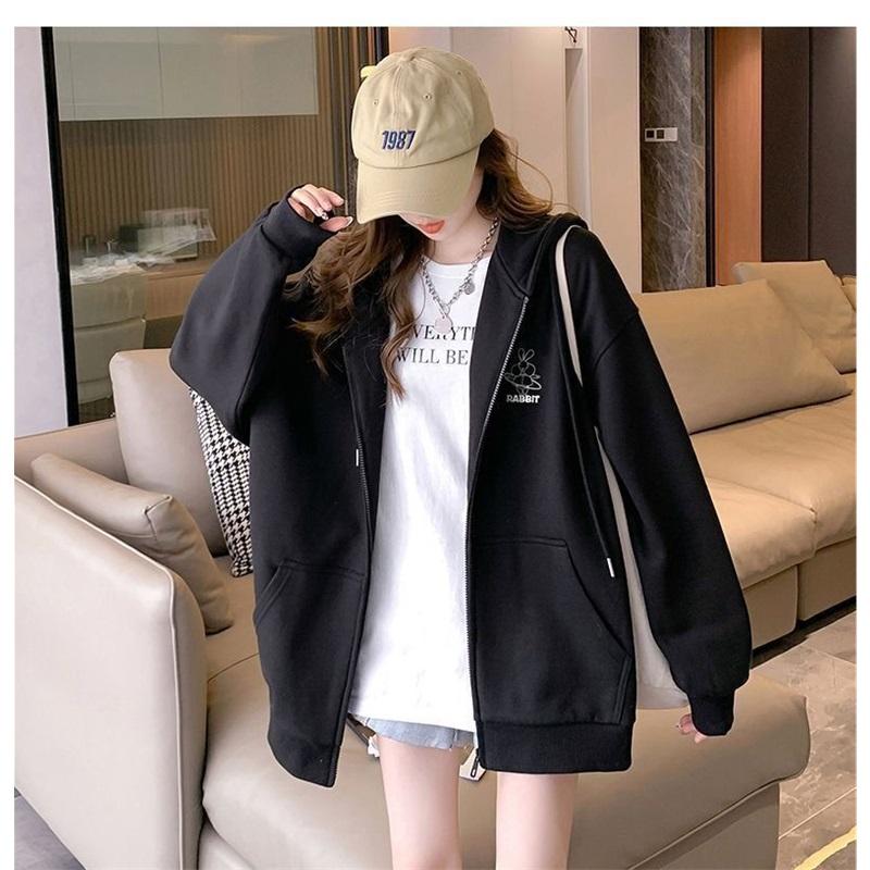 Women's Fleece Lined Zip Up Hoodie Cartoon Embroidery Casual Oversized Jacket