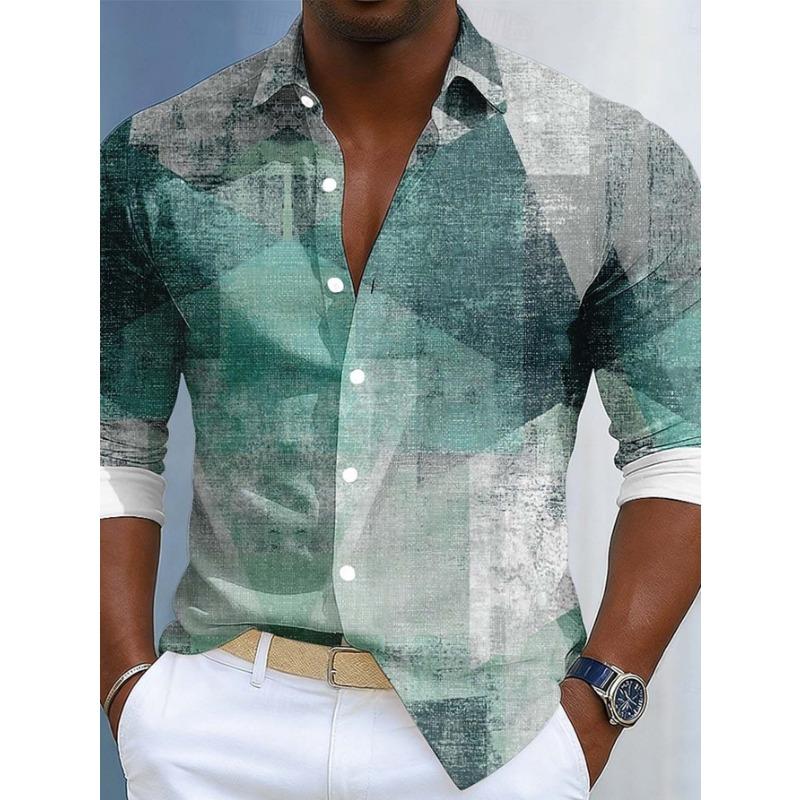 Men's Long-sleeved Shirt, Geometric Watercolor Print, Literary and Light Business Style