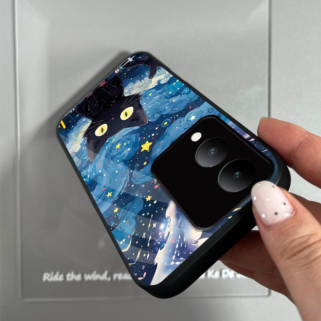 Case for Vivo Y17s Anime Black Cat Starry Cloud Print Phone Cover Acrylic Hard Back Shell With Flexible TPU Edge