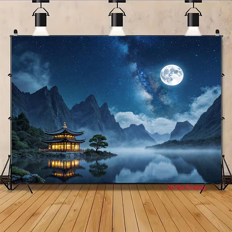 2D Asian Mountain Night Backdrop, Starry Sky and Misty Water
