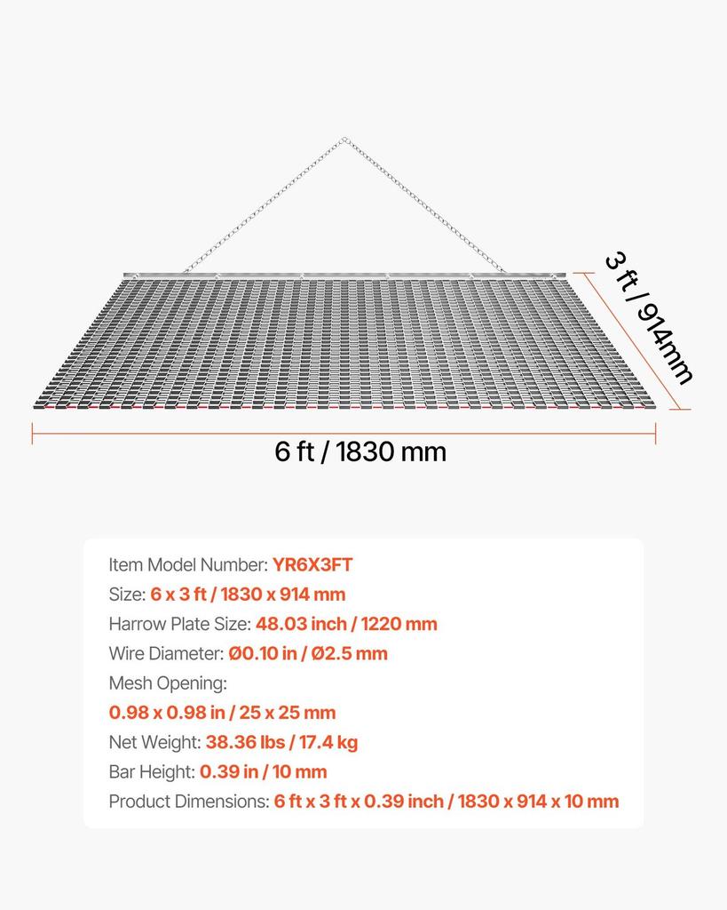 Drag Harrow, 1.8x0.9 M, High-Efficiency Chain Harrow Rake, ATVs UTVs Tractors Attachments, Durable Galvanized Steel Mesh Drag Mat with Towing Chain,
