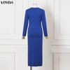 VONDA Women V Neck Long Sleeve Twisted Waist  Solid Color High Splits Party Long Dress