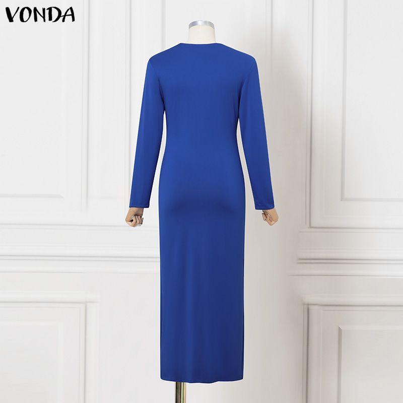 VONDA Women V Neck Long Sleeve Twisted Waist Solid Color High Splits Party Long Dress