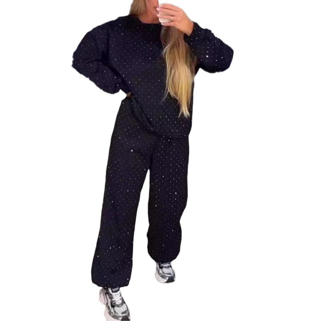 Damen einfarbiges Trainingsanzug-Set, lässiges Langarm-Oberteil mit Hose mit weitem Bein