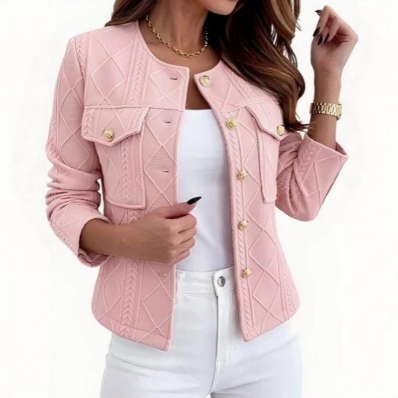 Women Pink Diamond Jacquard Cropped Jacket O Neck Gold Button Long Sleeve Elegant Small Fragrance Style Short Coat Spring Autumn Commuter Outerwear