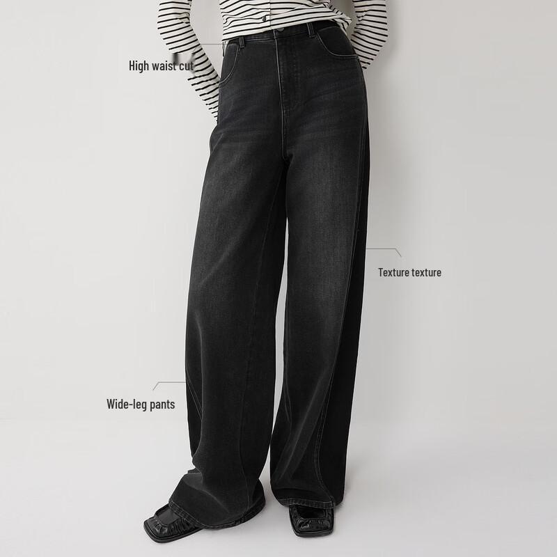 ELLE Women's French Style Black Wide-Leg Jeans