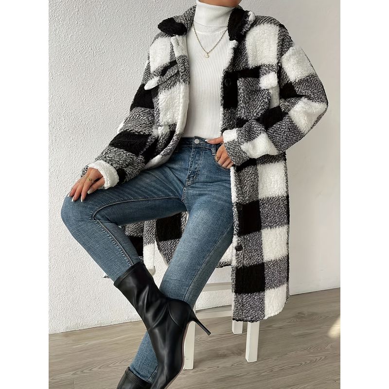 

European and American Autumn and Winter New Double-Sided Stuffed Casual Gingham Long Loose Thickening Keep Warm Lapel Button Cardigan Outwear Black S