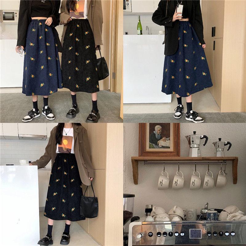 Corduroy A-line Midi Skirt - High Waist, Floral Spring/Autumn Style for Women