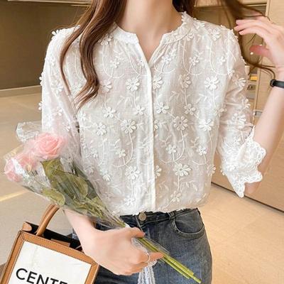 Damen Sommer Baumwolle Kurzarm Spitzenbluse, Stickerei Floral, Weißes Hemd, Lässige Blusen
