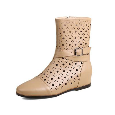 Krazing Pot Cuir Fendu Vache Bout Rond Taille 43 Bottes d'Été Rehaussantes Mode Décorations Creuses Boucle Bottes d'Été