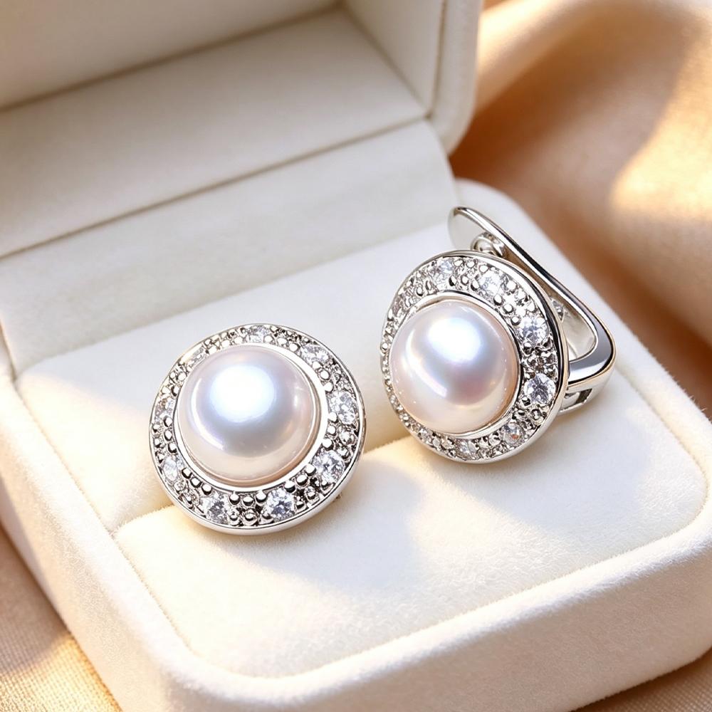 LSOOYH Orecchini con Perle d'Acqua Dolce 7-8mm Colore Argento Moda Zirconia Cubica Orecchini a Clip per Donna Regali di Compleanno