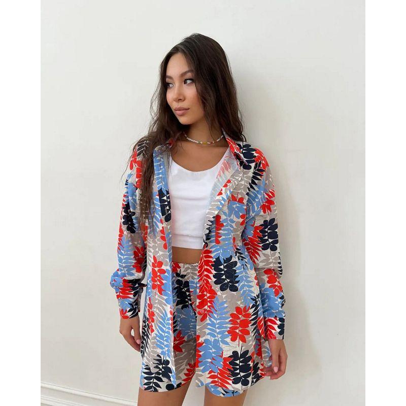 European and American Style Women's Spring and Autumn Casual Printed Long Sleeve Shirt and Shorts Two-Piece Set