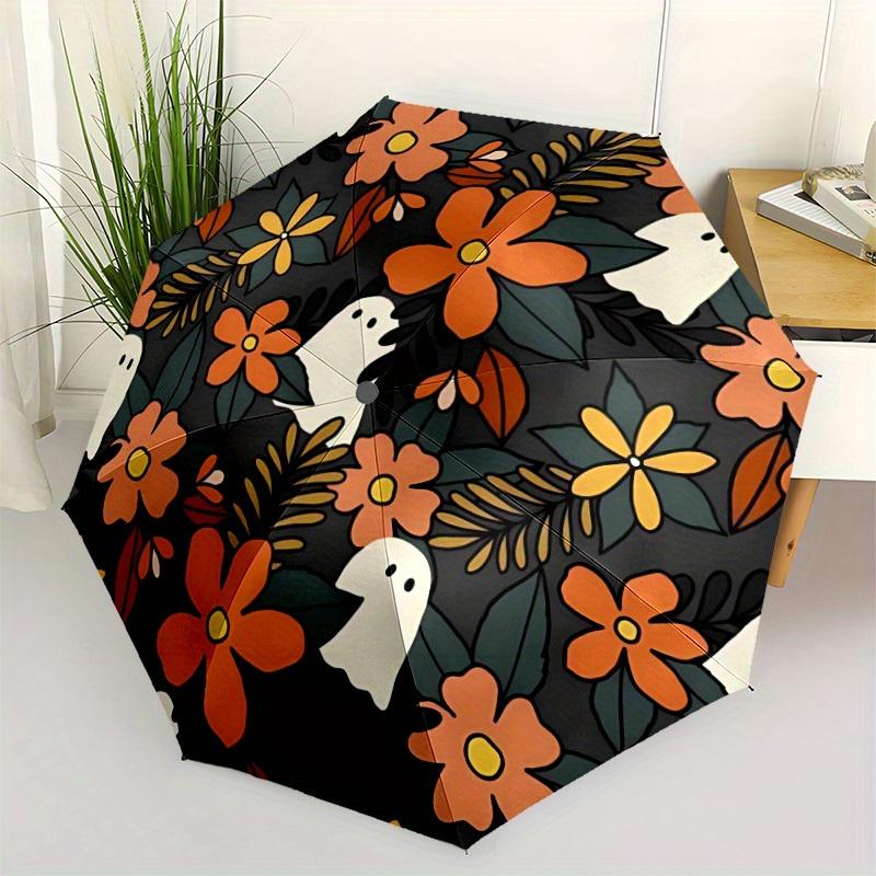 1pc Ghost Floral Automatic Open/close Folding Compact Umbrella, 8-Rib Sturdy Canopy, Lightweight Portable, Everyday Use, Gift, Outdoor Umbrella, Trave