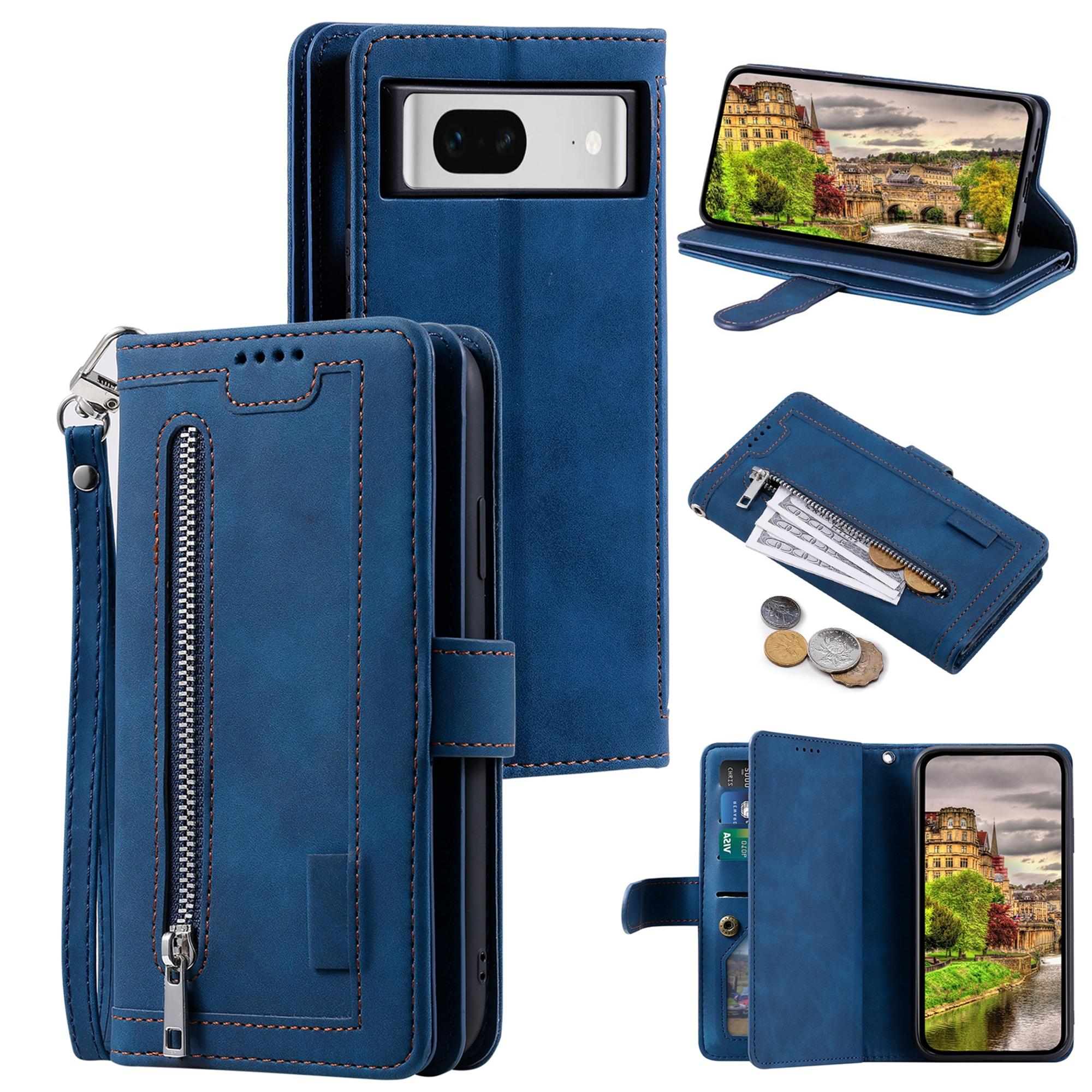 

For Google Pixel 9/Pixel 9 Pro Wallet Phone Case Zipper Leather Cover with 9 Card Slots Blue