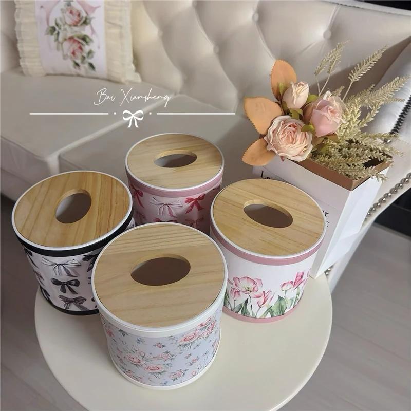 Roll Paper Tissue Case Cylinder Paper Box Retro Flower Bowknot Livingroom Decor Coffeetable Bedroom Car Waterproof Tissue Box