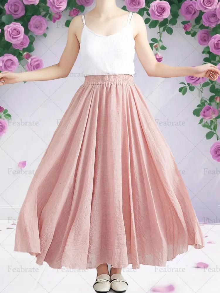 

Пышная юбка миди, Повседневная, на резинке, с высокой талией, А-силуэта, Длинная юбка L розовый