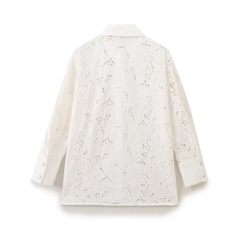 Summer European & American Street Fashion: Women's Hollow Embroidery Loose Long-Sleeved Shirt