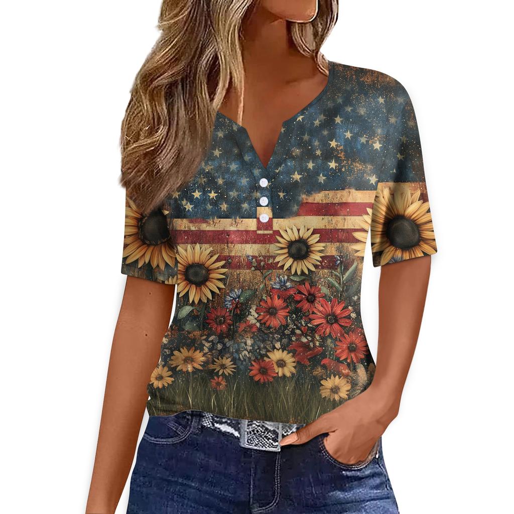 Women Casual V Neck Short Sleeve T Shirt Button Detail Sunflower Print Lightweight Summer Top for Everyday Wear