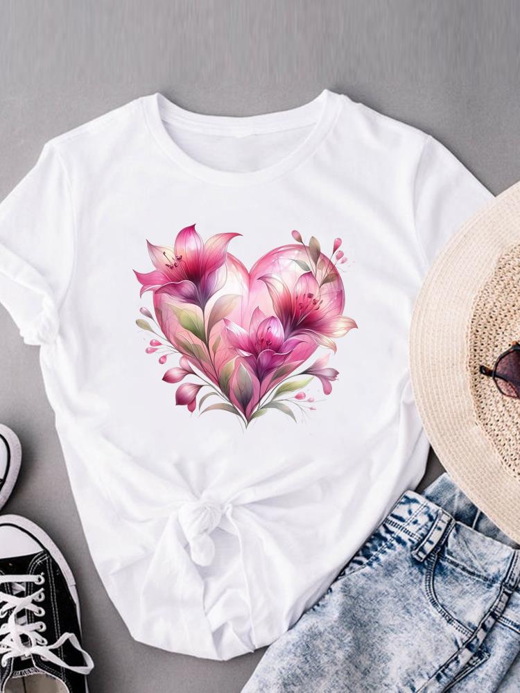 (Asian Size) sweet flower trend cute Women's Clothing Print Short Sleeve T-shirts Fashion Female Casual Top T O-neck Graphic Tee